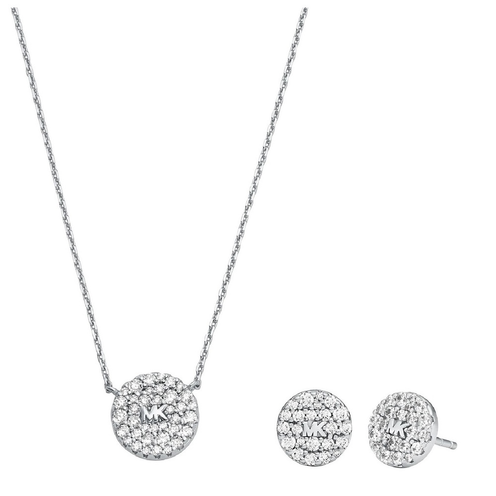 Michael Kors Sterling Silver Pavรฉ Logo Disc Earrings and Necklace Set